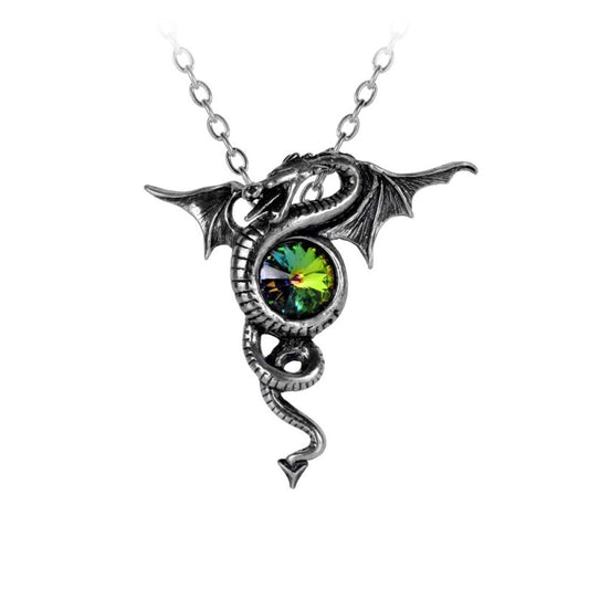 The Dragon of Eternity sustains the faceted vitrail crystal of life. An eye-catching piece that's sure to attract attention. A pewter dragon pendant encircling a round fractal light effect crystal.