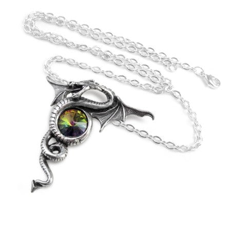 The Dragon of Eternity sustains the faceted vitrail crystal of life. An eye-catching piece that's sure to attract attention. A pewter dragon pendant encircling a round fractal light effect crystal.