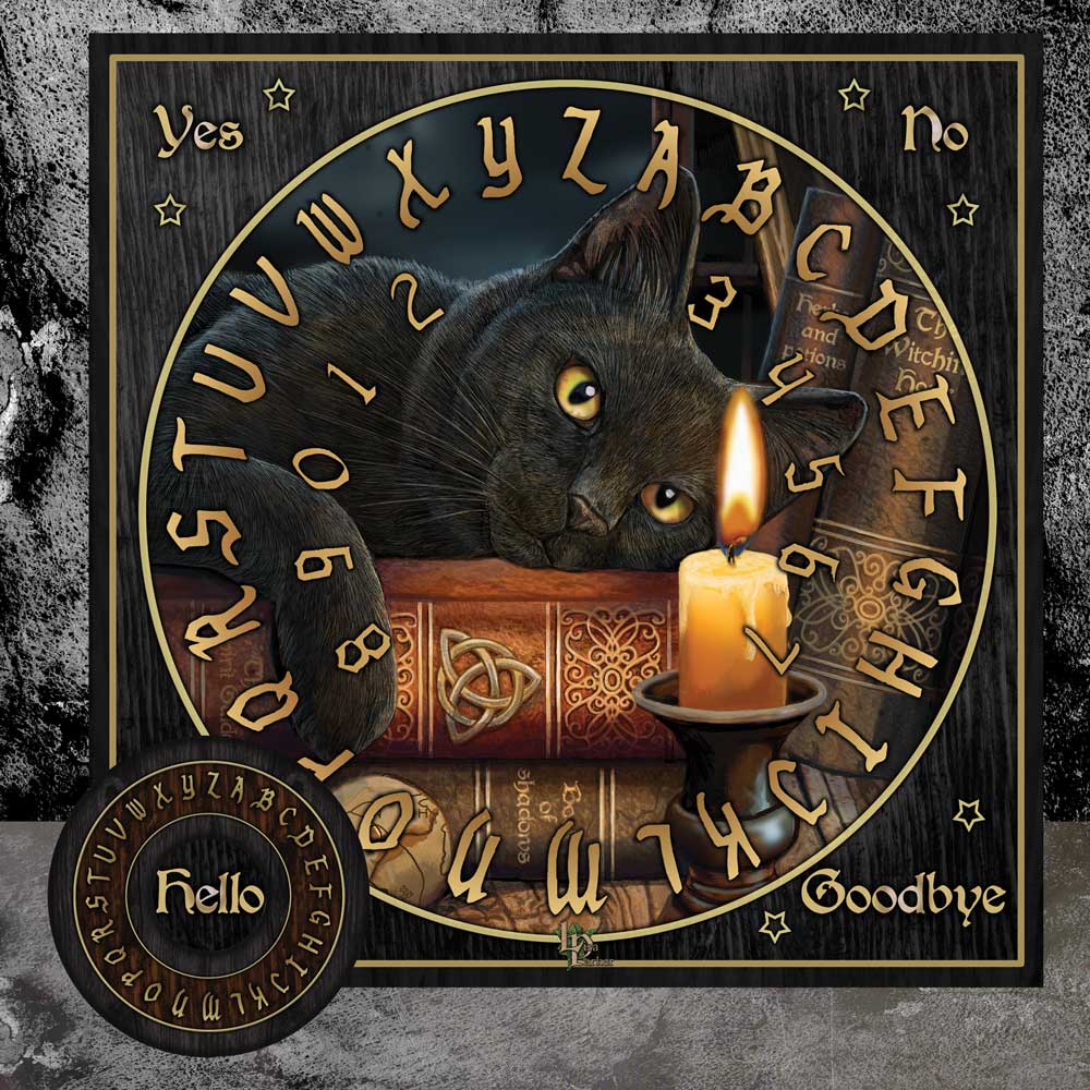 Black cat with a candle and Ouija board design on a dark background