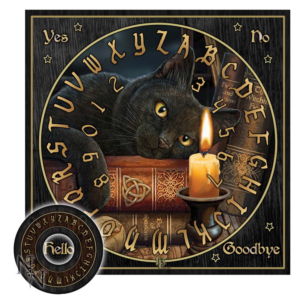 Step beyond the veil with the Witching Hour Spirit Board by the enchanted hand of Lisa Parker. This beautifully adorned board is a sacred vessel, perfect for communing with the unseen or diving deep into your own mystic soul.
Framed in a wood-like design, the circular board is marked with the sacred alphabet, numbers 0–9, and elemental words: Yes, No, Hello, and Goodbye. At its heart, a mysterious black cat rests atop ancient, leather-bound grimoires, gazing into your spirit with knowing eyes. A dying cand