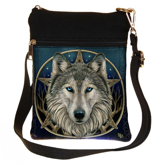 Carry the spirit of the wolf at your side, wild soul. This Wild One shoulder bag, measuring 23cm, features the enchanting artwork of the revered Lisa Parker — a lone wolf gazing under moonlit skies, its eyes filled with ancient knowing and untamed magic.
More than just a beautiful companion, this bag is crafted with purpose. A second smaller pocket graces the front, offering practical space for your trinkets, charms, and talismans. Whether you're wandering through markets, sacred woods, or city streets, th