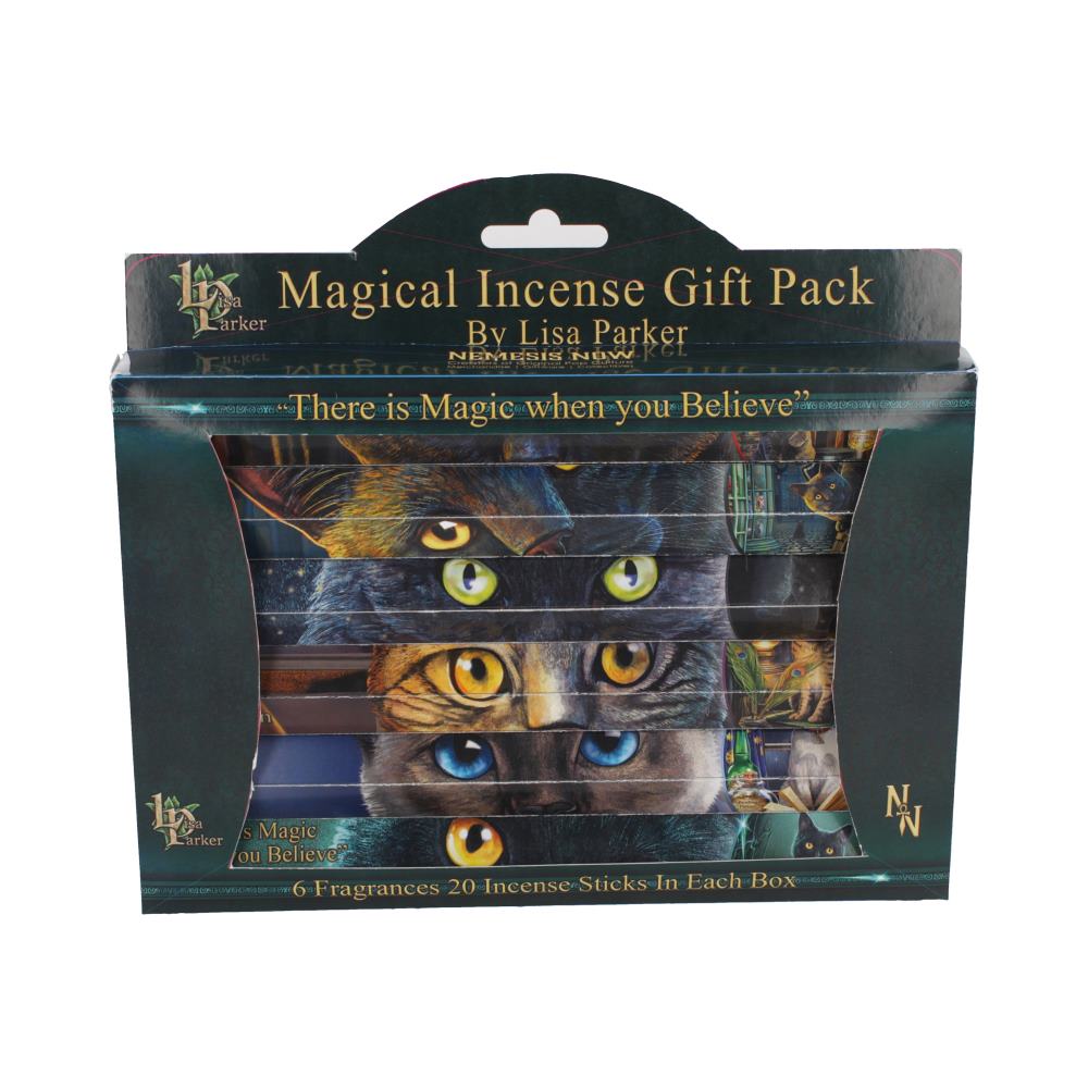 Let the veil thin and your senses awaken with the Magical Incense Gift Pack from the enchanting world of Lisa Parker. Featuring her iconic Bewitched artwork — a black cat gazing into the mysteries of candle flame — this set brings both beauty and atmosphere to your rituals and daily moments of magic.
Within this beautifully presented gift set, you’ll find six tubes, each filled with 20 spellbinding incense sticks, ready to carry your intentions, cleanse your space, or simply fill your home with mystical ar