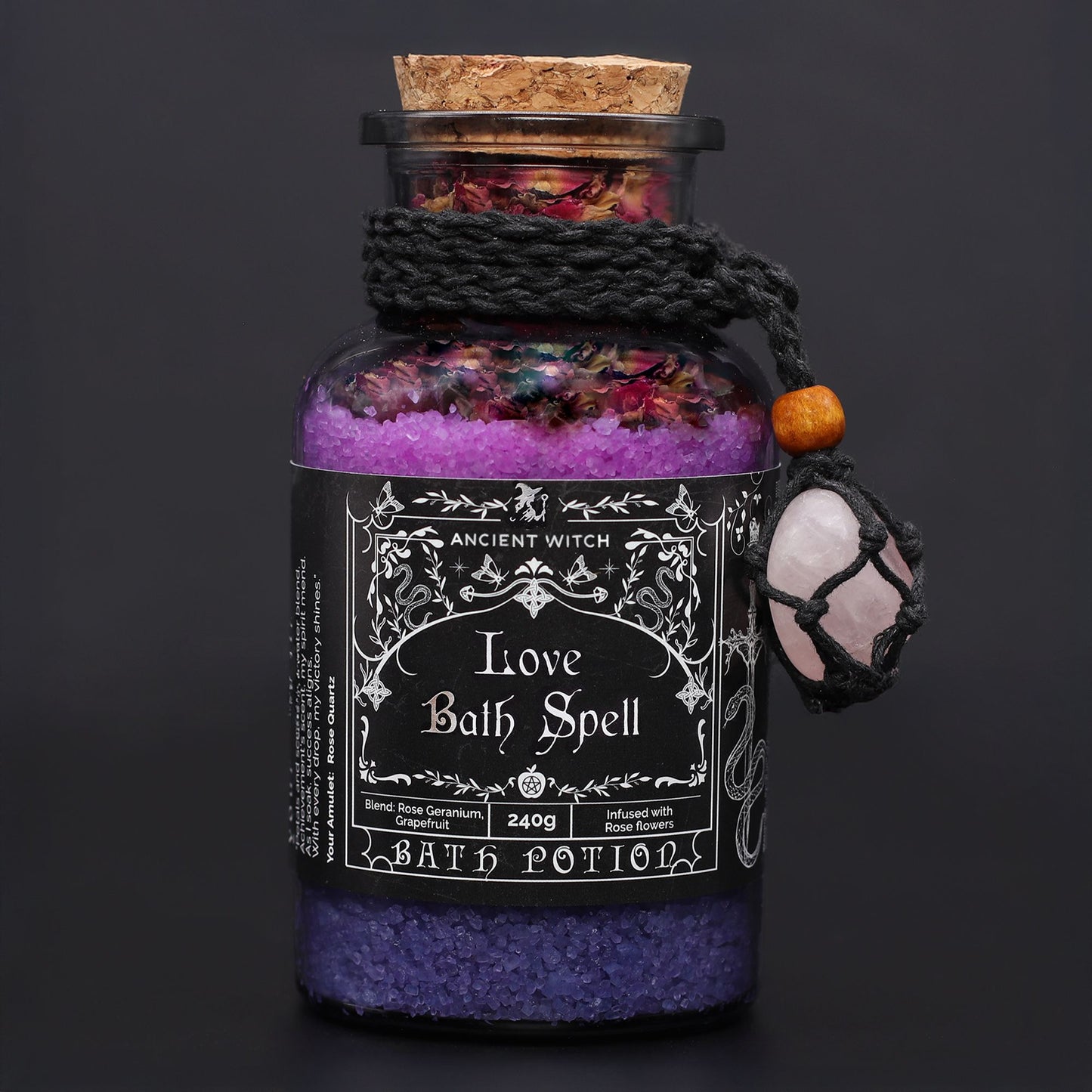 Ancient Witch Love Bath Spell Potion & Rose Quartz Crystal Amulet – Heart Healing Ritual