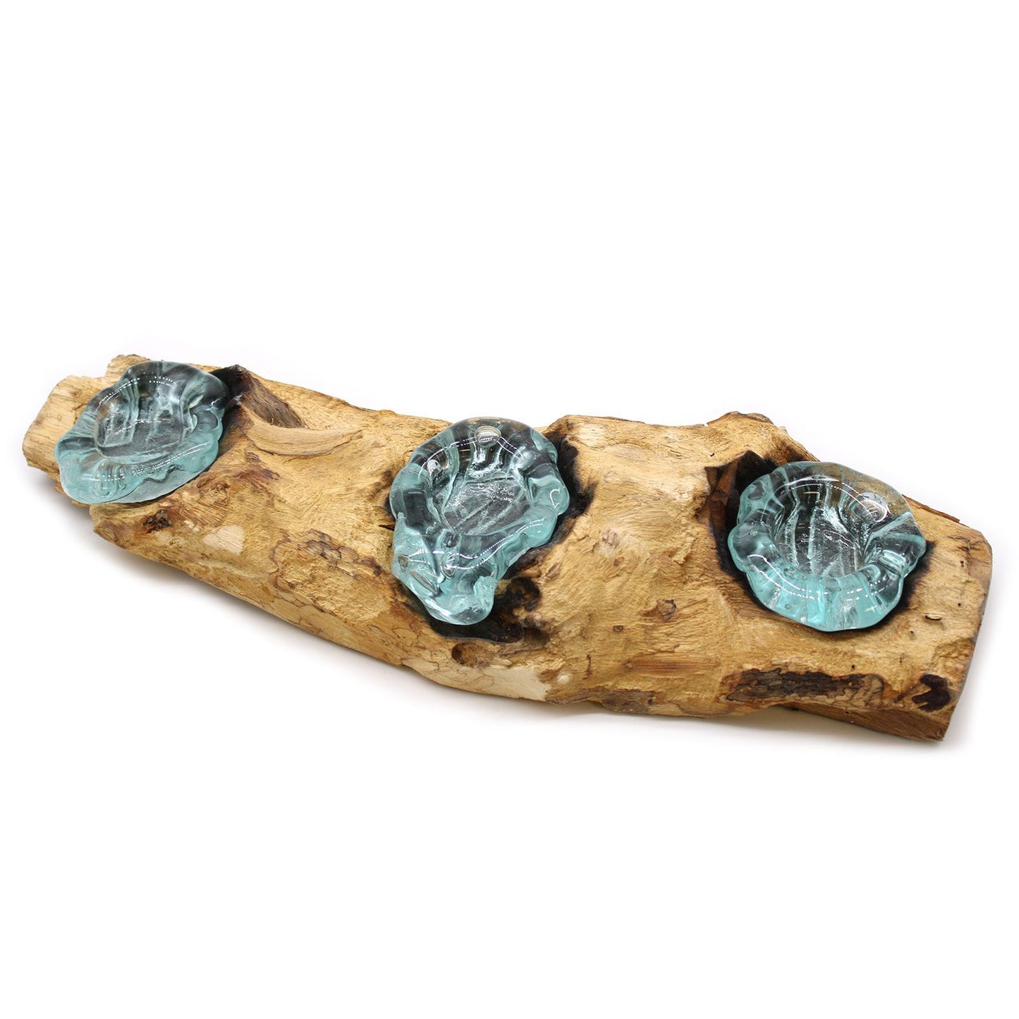 Molten Glass Flat Triple Candle Holder on Wood – Handmade Eco Decor