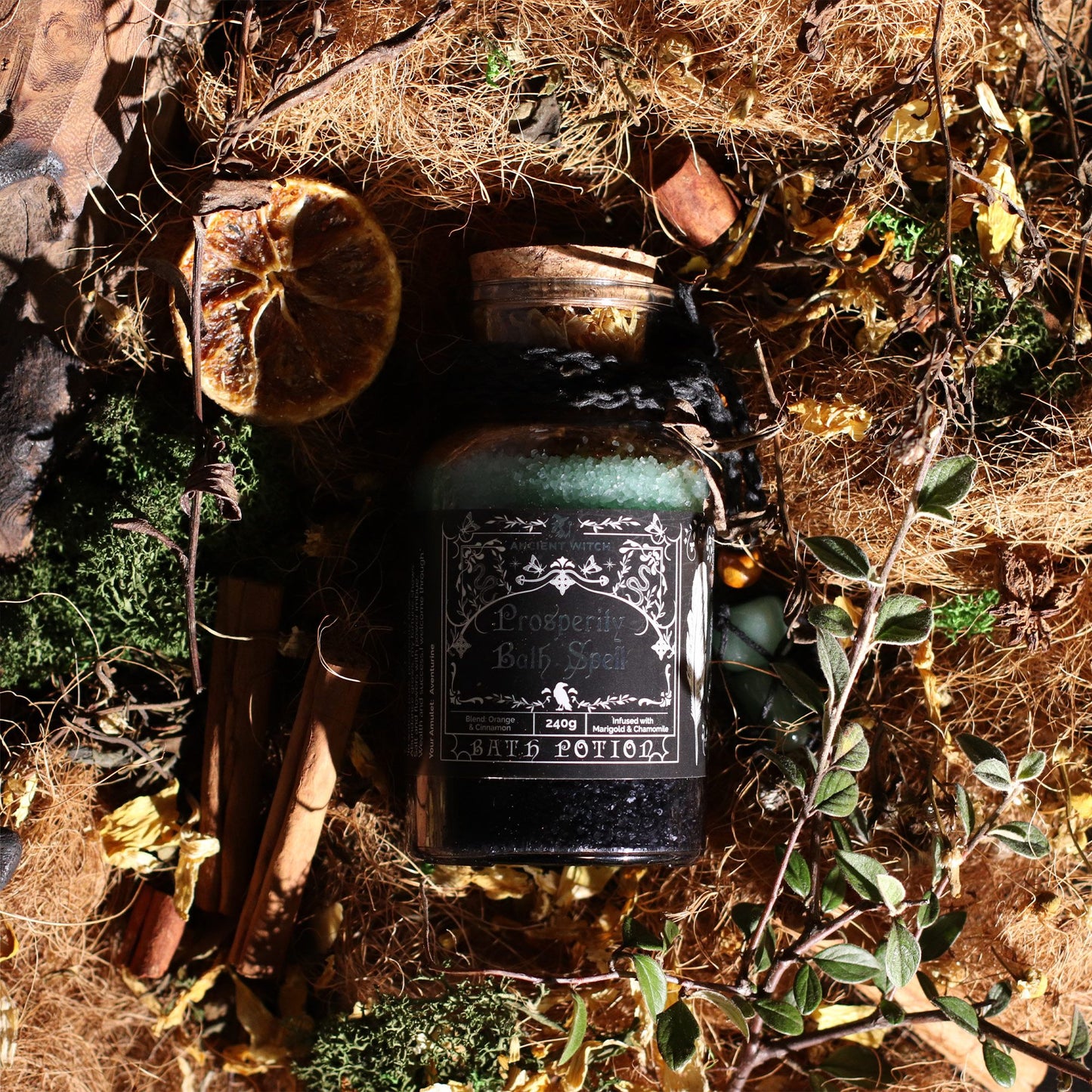 Ancient Witch Prosperity Bath Spell Potion & Aventurine Crystal Amulet – Abundance Ritual Blend