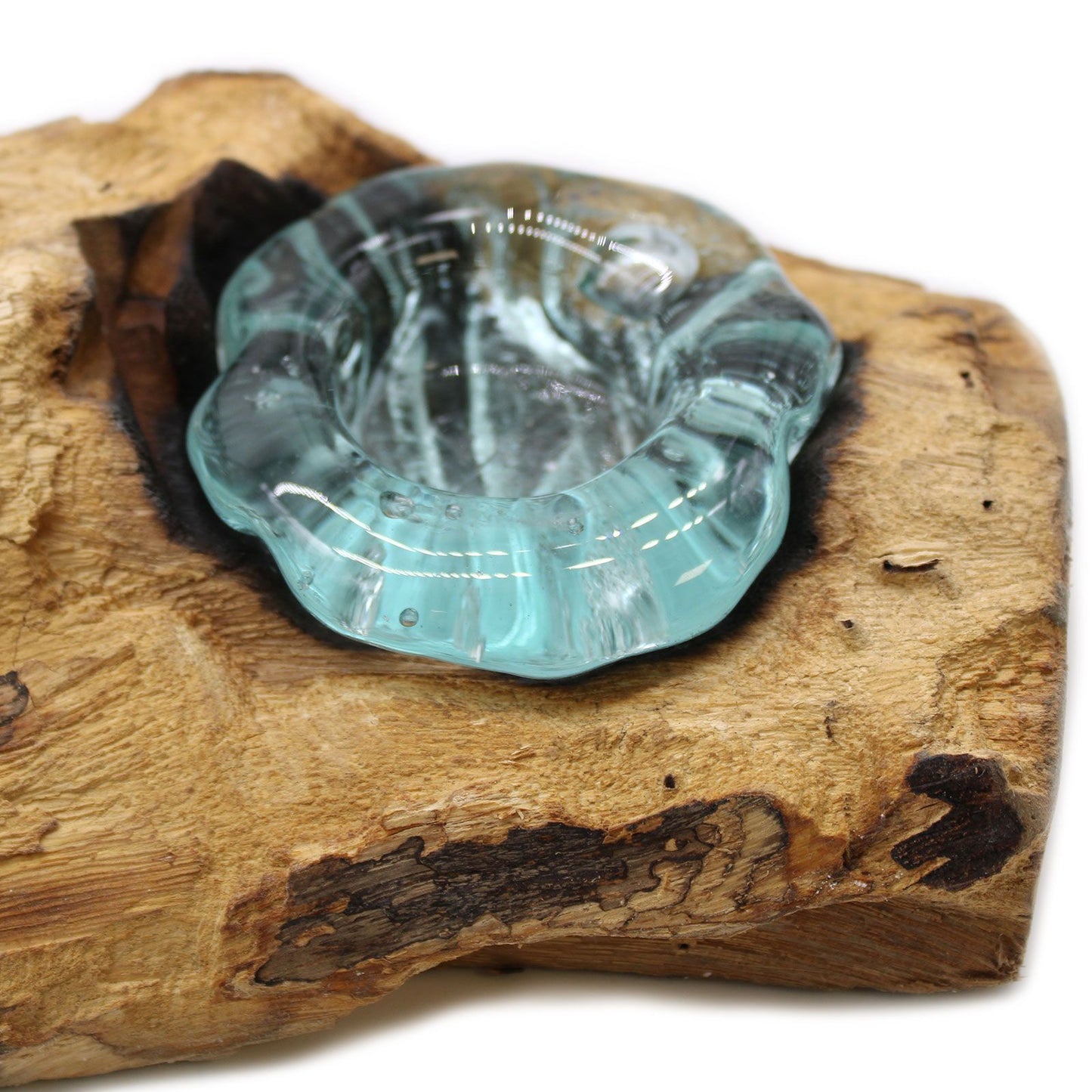 Molten Glass Flat Triple Candle Holder on Wood – Handmade Eco Decor