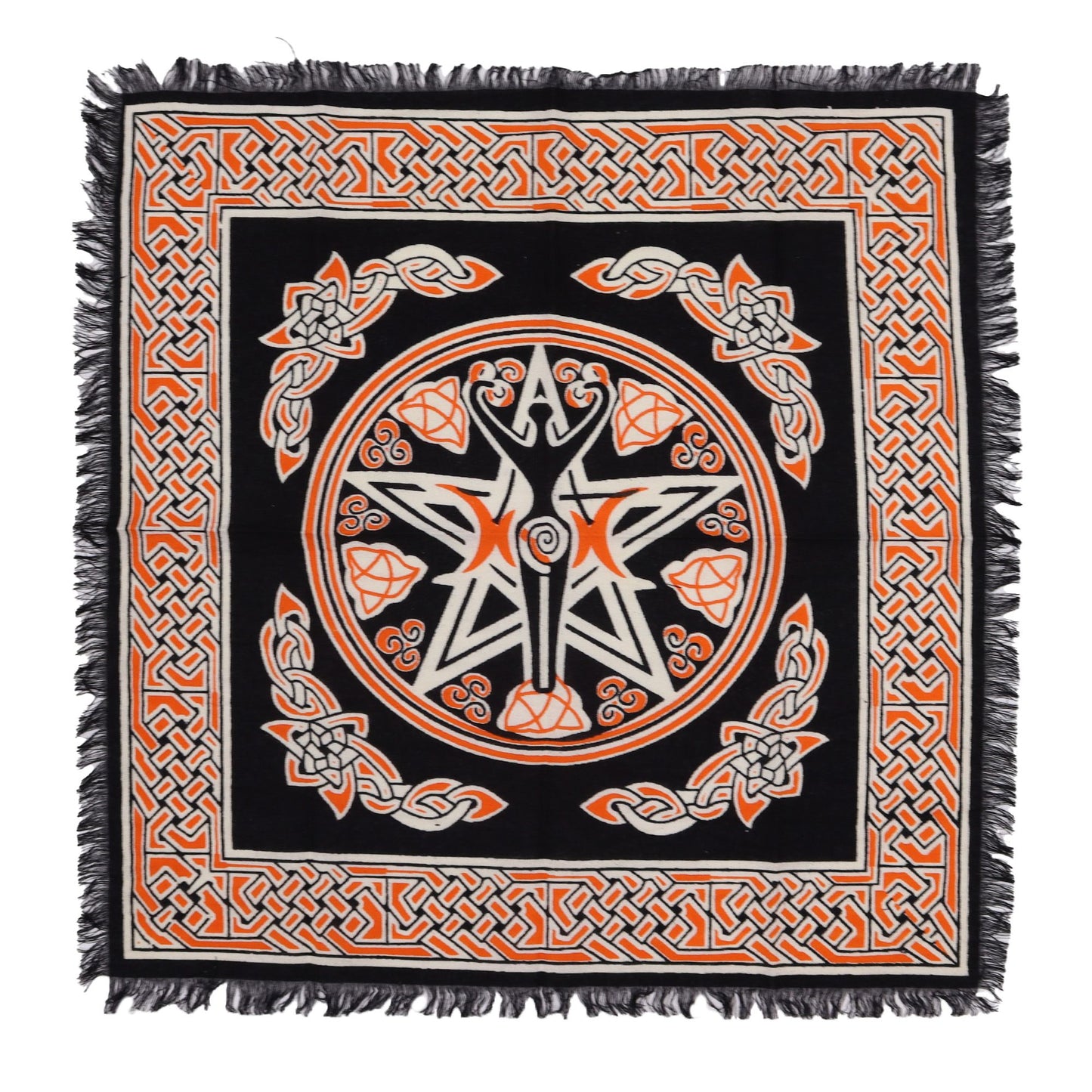 “Rooted in the soil, nurtured by the cosmos, the Earth Mother guides all life.”
This Mystic Fringed Altar Cloth – Earth Mother is a sacred 50cm x 50cm cotton cloth, designed to honor the divine feminine and the nurturing power of the natural world. Its design evokes the essence of the Earth Mother, the archetypal figure in folklore and witchcraft who embodies fertility, abundance, and the cycles of life.
In magical tradition, the Earth Mother is revered as the giver of life, protector of the land, and sou