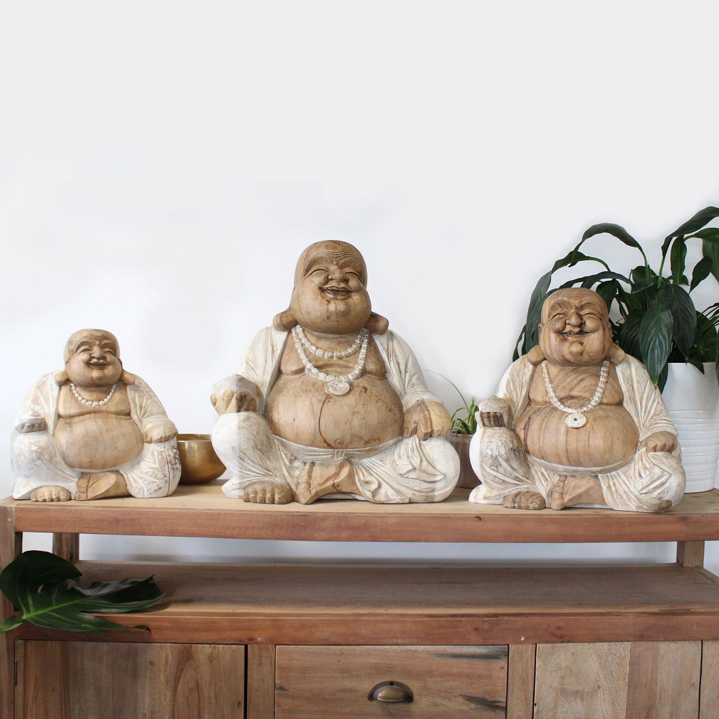 Happy Buddha Statue – 40cm Whitewash Carved Wood | Symbol of Joy, Prosperity & Good Fortune