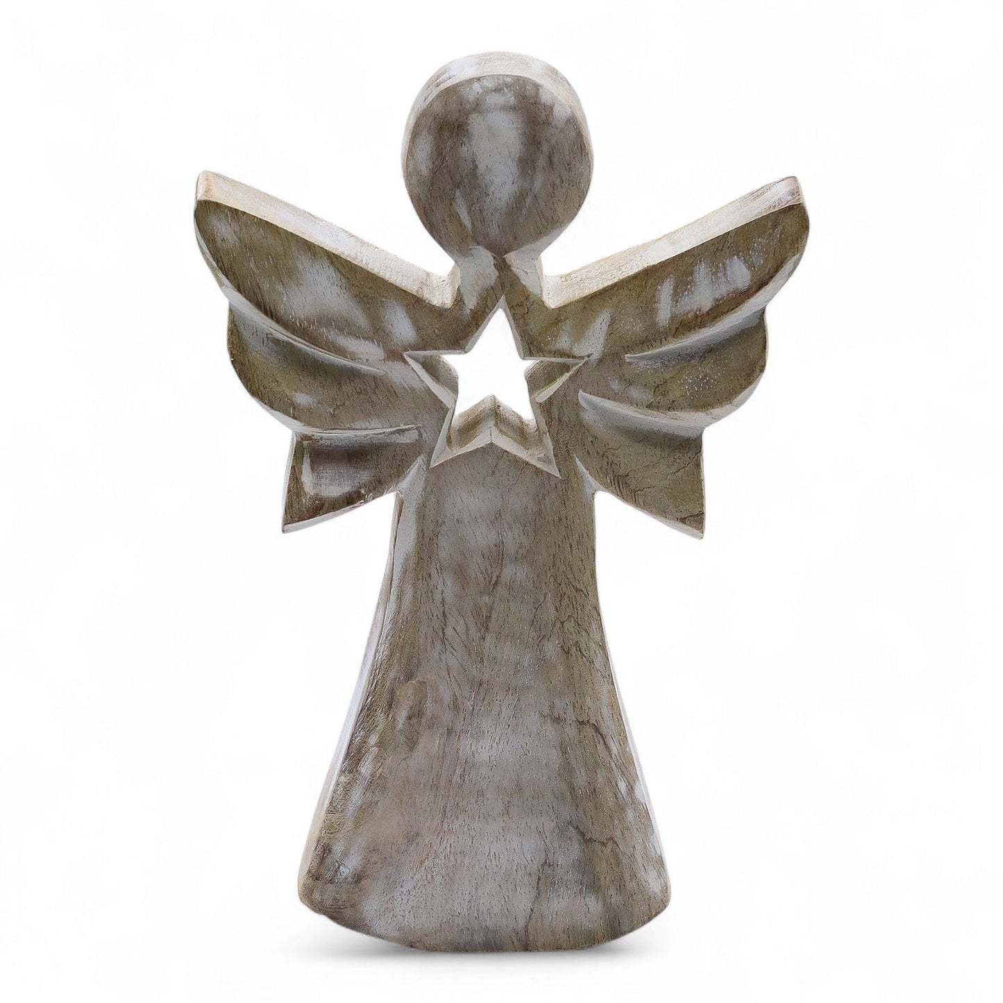 From the celestial artisans of thewitchesgarden, this Mango Wood Angel is a gentle symbol of light, hope, and divine guidance. Hand-carved from sustainable mango wood and finished in a soft whitewash patina, it carries a peaceful, rustic charm that brings warmth and serenity to any space.
At its centre glows a star-shaped cut-out, representing the eternal light that guides and protects. Standing 18cm tall, this angel is perfect as a heartfelt gift, a comforting reminder of faith, or a soothing accent for y