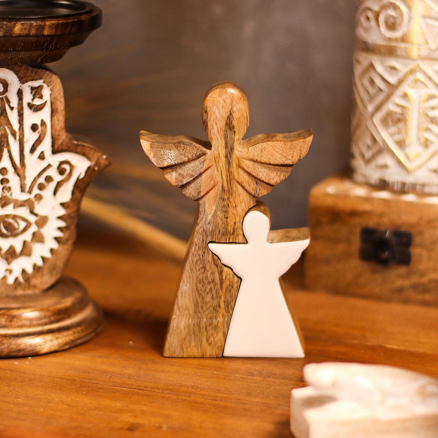 Mango Wood Angel in Angel – White Enamel Detail