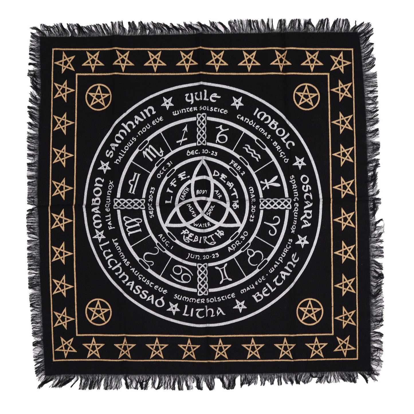 “Through endings and beginnings, the spirit finds its eternal path.”
This Mystic Fringed Altar Cloth – Life, Death & Rebirth is a sacred 50cm x 50cm cotton cloth designed to honor the cycles of existence. Embodying the eternal rhythm of creation, transformation, and renewal, this cloth is perfect for altar work, ritual spellcraft, and meditation focused on life transitions and spiritual growth.
In witchcraft and folklore, the cycle of life, death, and rebirth is central to understanding the natural and sp