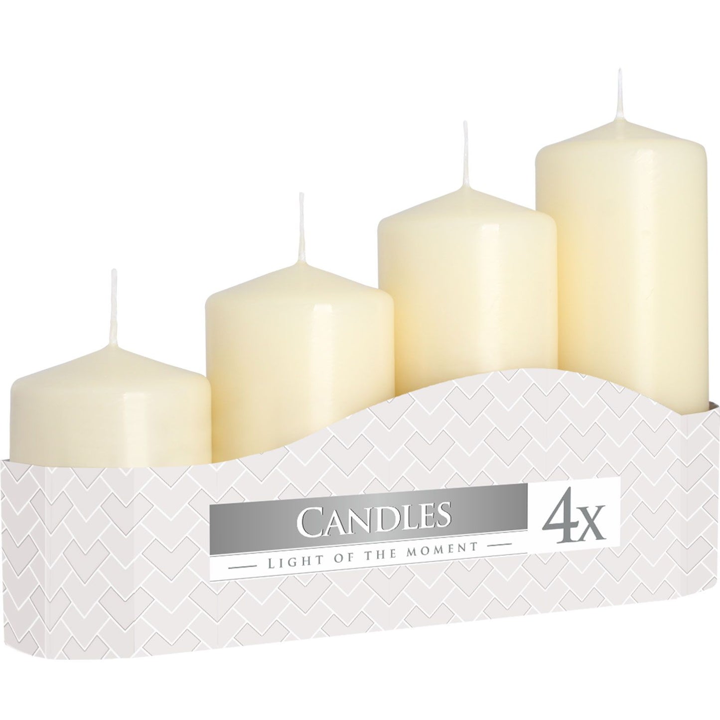 Set of four white candles in a decorative box with 'Candles Light of the Moment' branding.