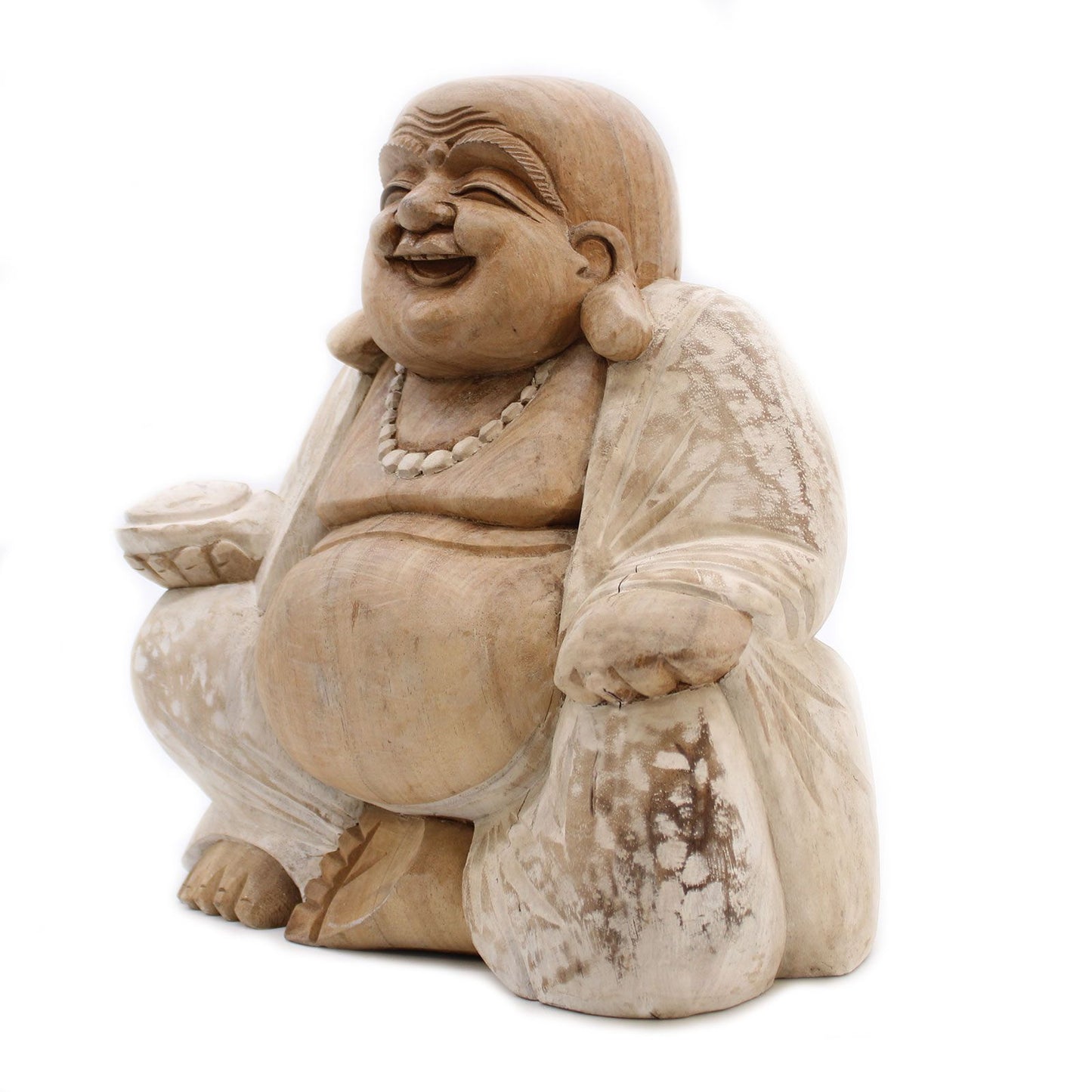 Happy Buddha Statue – 30cm Whitewash Carved Wood | Symbol of Joy, Prosperity & Good Fortune