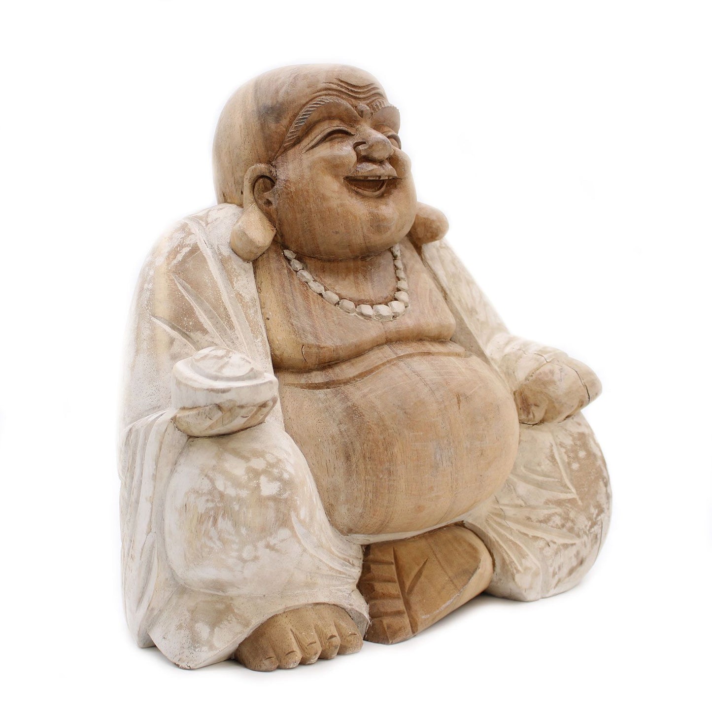 Happy Buddha Statue – 30cm Whitewash Carved Wood | Symbol of Joy, Prosperity & Good Fortune