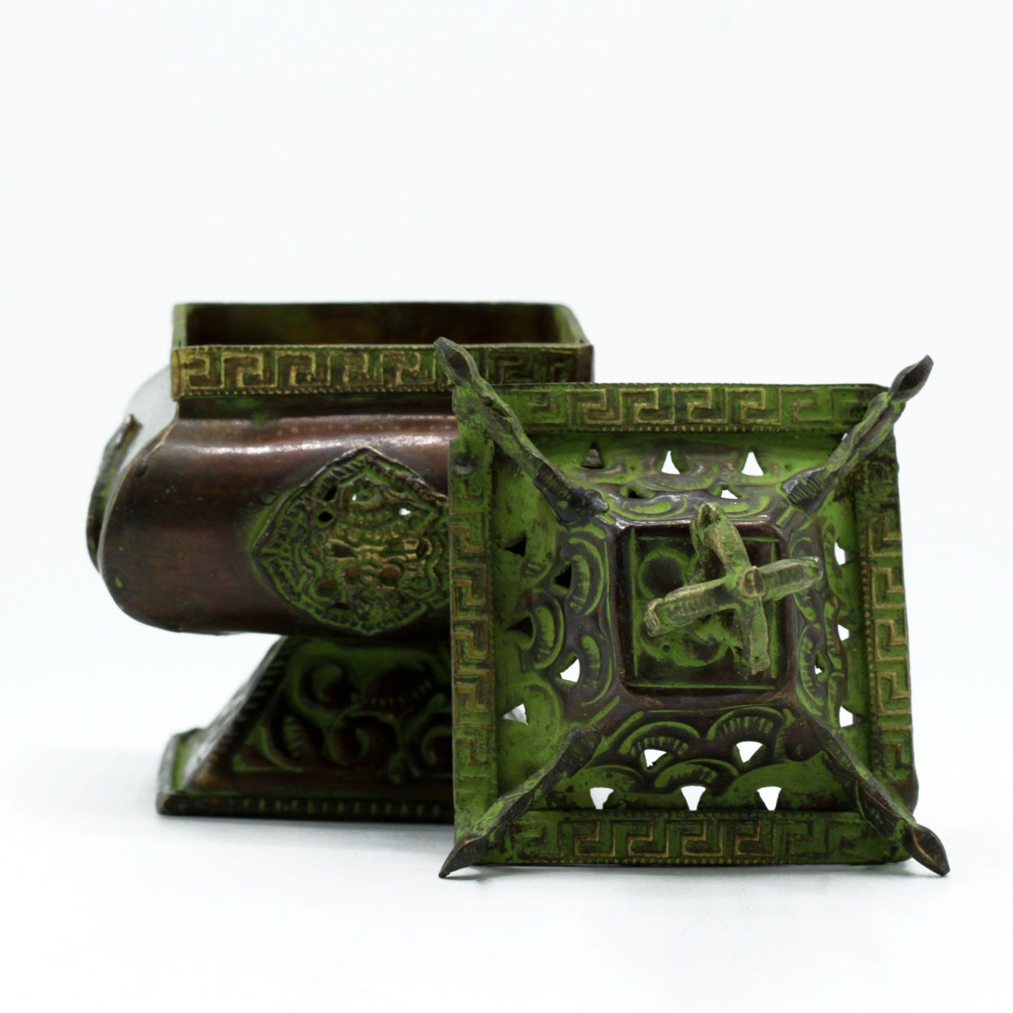 Brass Verdigris Tibetan Incense Burner – Four Symbols Square Pot