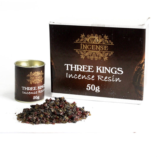 Step into the mystery of ancient ritual with Three Kings Resin, a sacred incense blend long associated with divine offering, spiritual clarity, and powerful protection.
This 50g tub contains a traditional resin blend of frankincense, myrrh, and benzoin—the legendary gifts once offered to kings and deities. When burned on charcoal, Three Kings Resin produces a rich, smoky aroma with sweet, balsamic notes that inspire reverence and invite a higher state of consciousness.
In folklore and sacred tradition, th