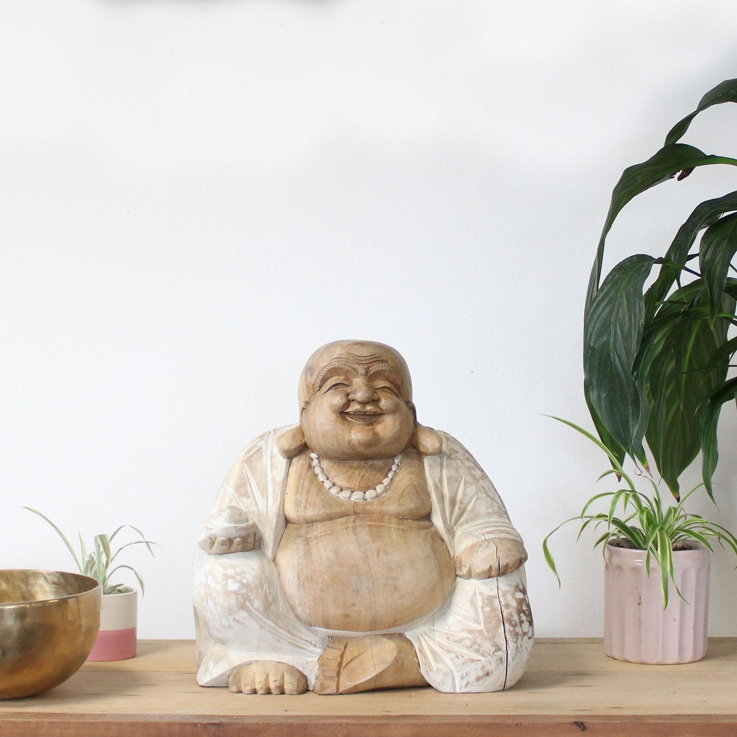 Happy Buddha Statue – 30cm Whitewash Carved Wood | Symbol of Joy, Prosperity & Good Fortune