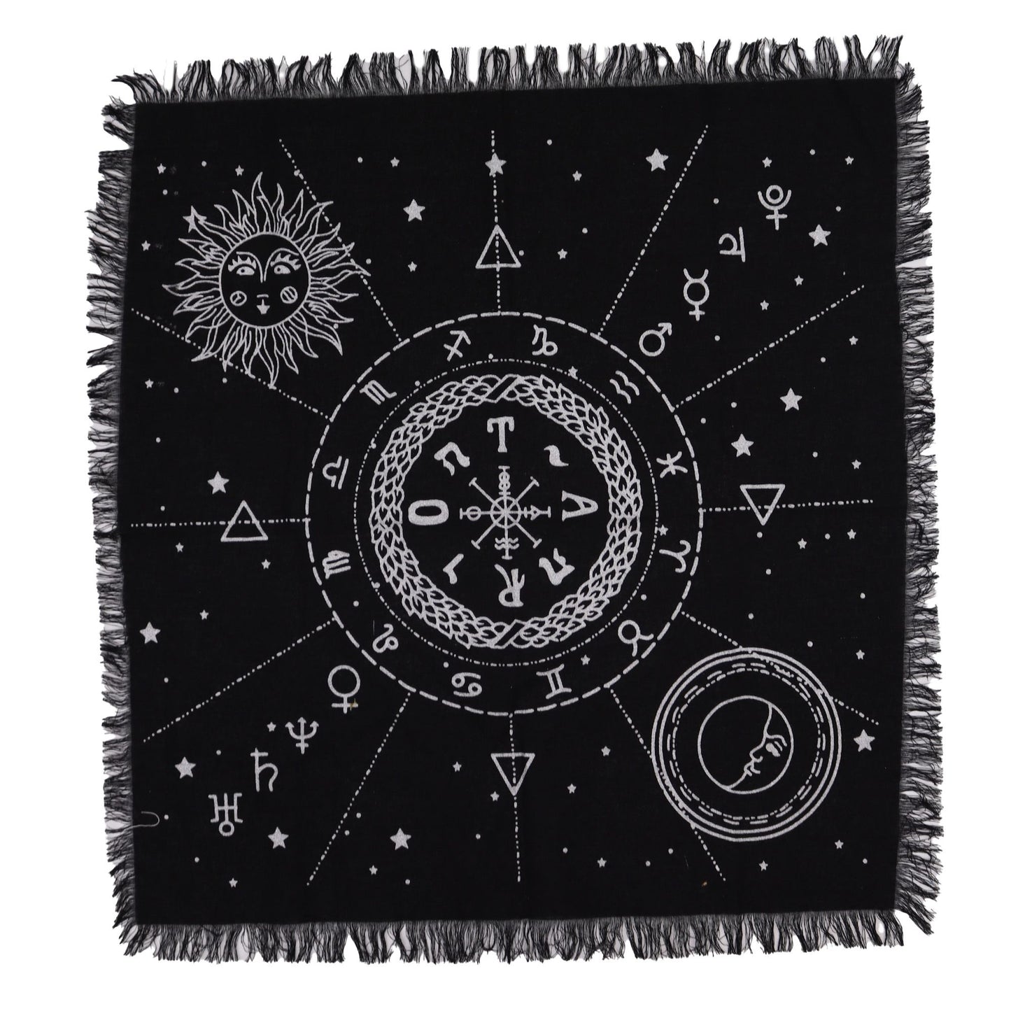 “Where the Sun gives life, and the Moon whispers secrets, balance is found.”
This Esoteric Fringed Altar Cloth – Moon & Sun Chart is a mystical cotton cloth, 50cm x 50cm in size, designed to bring harmony to your sacred space. The twin forces of the Sun and Moon, long revered in folklore and witchcraft, embody the eternal balance of light and shadow, masculine and feminine, action and reflection.
The Sun has always been seen as a giver of vitality, strength, and outward power—guiding growth and illuminati