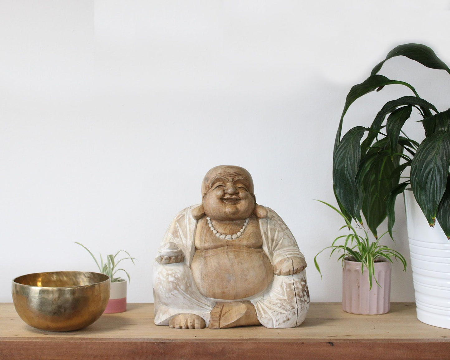 Happy Buddha Statue – 30cm Whitewash Carved Wood | Symbol of Joy, Prosperity & Good Fortune