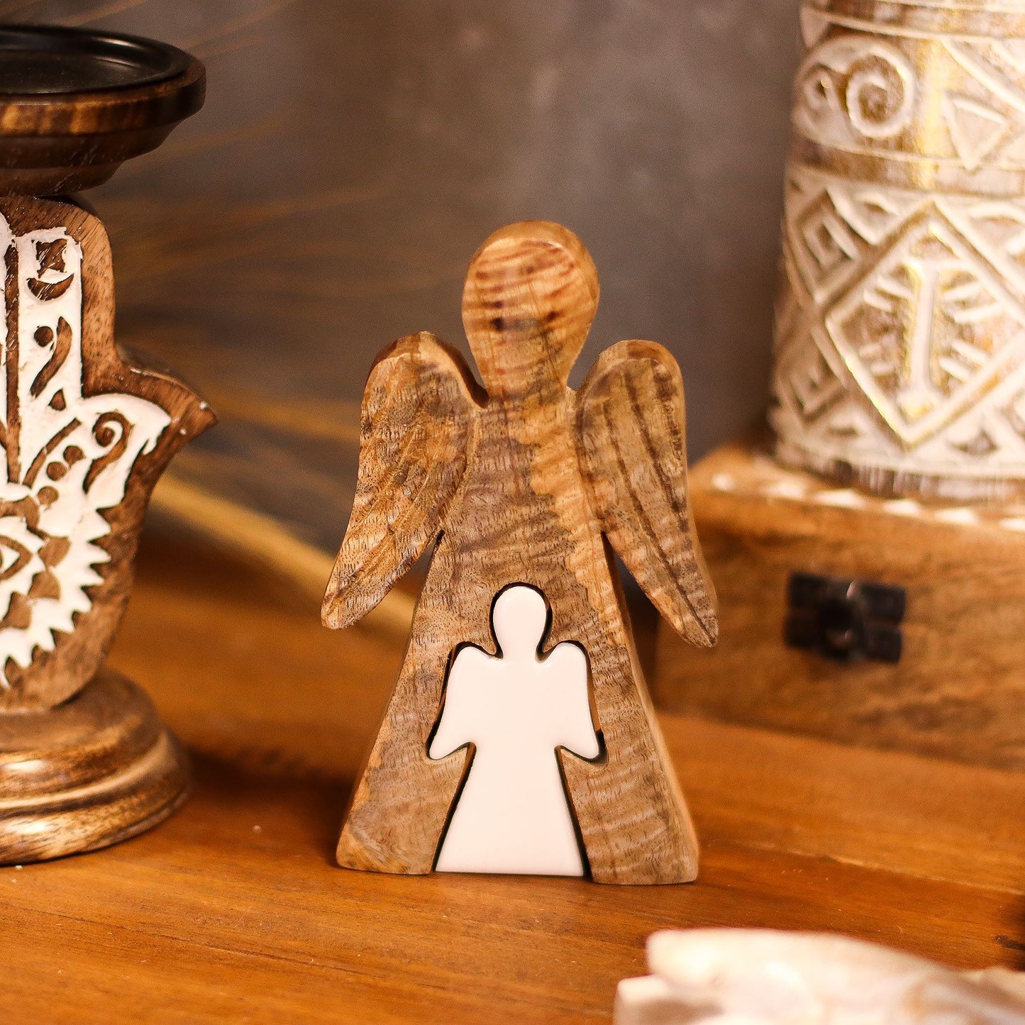 Angel Embrace Mango Wood Figurine – Symbol of Guidance and Protection