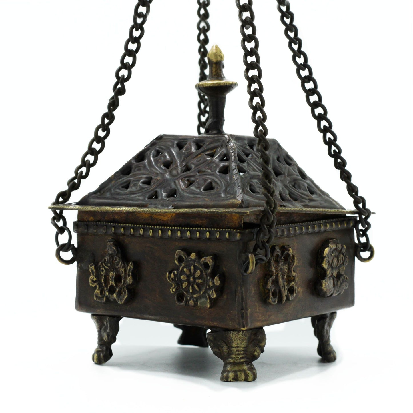 Brass Tibetan Hanging Incense Burner – Eight Symbols Square Pot