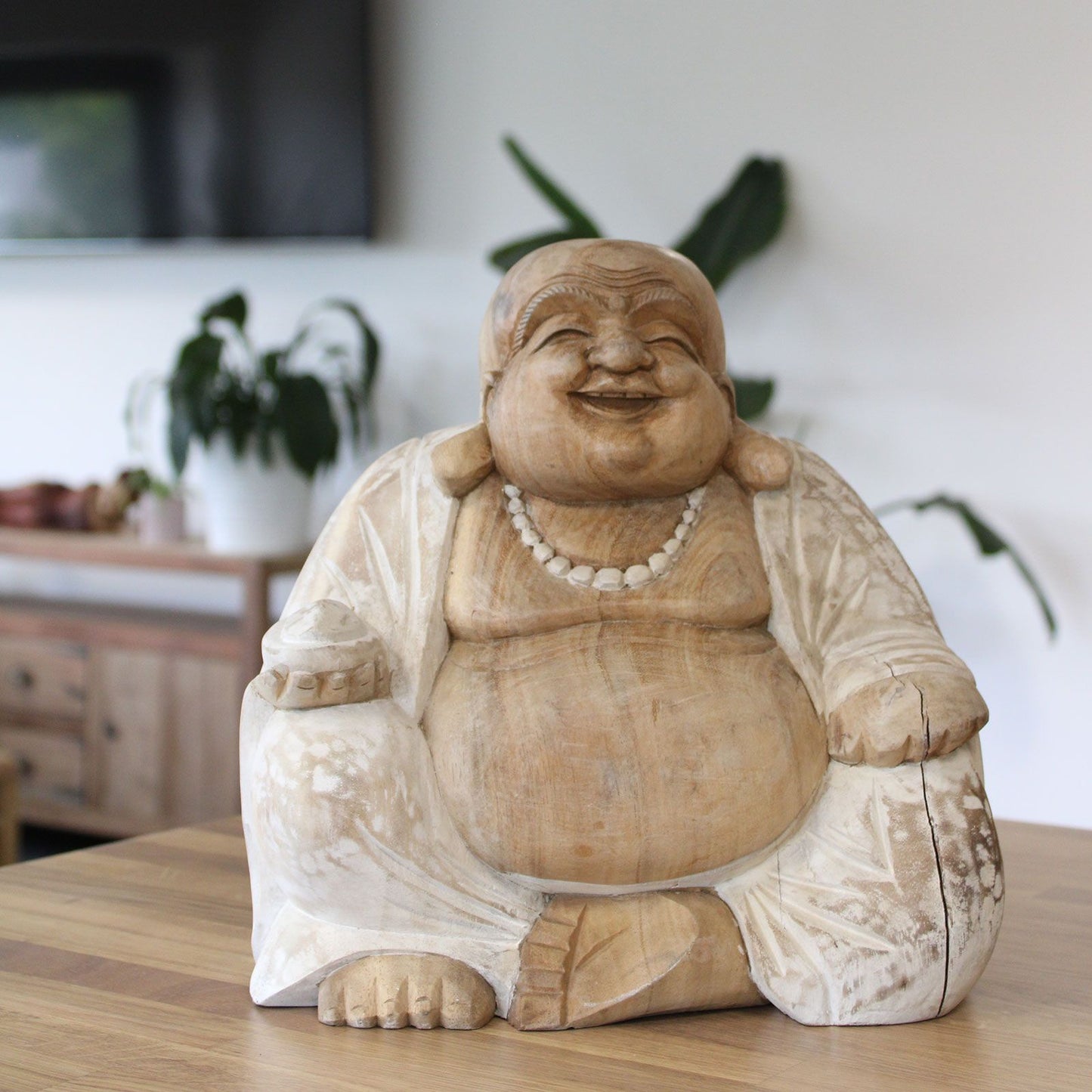 Happy Buddha Statue – 30cm Whitewash Carved Wood | Symbol of Joy, Prosperity & Good Fortune