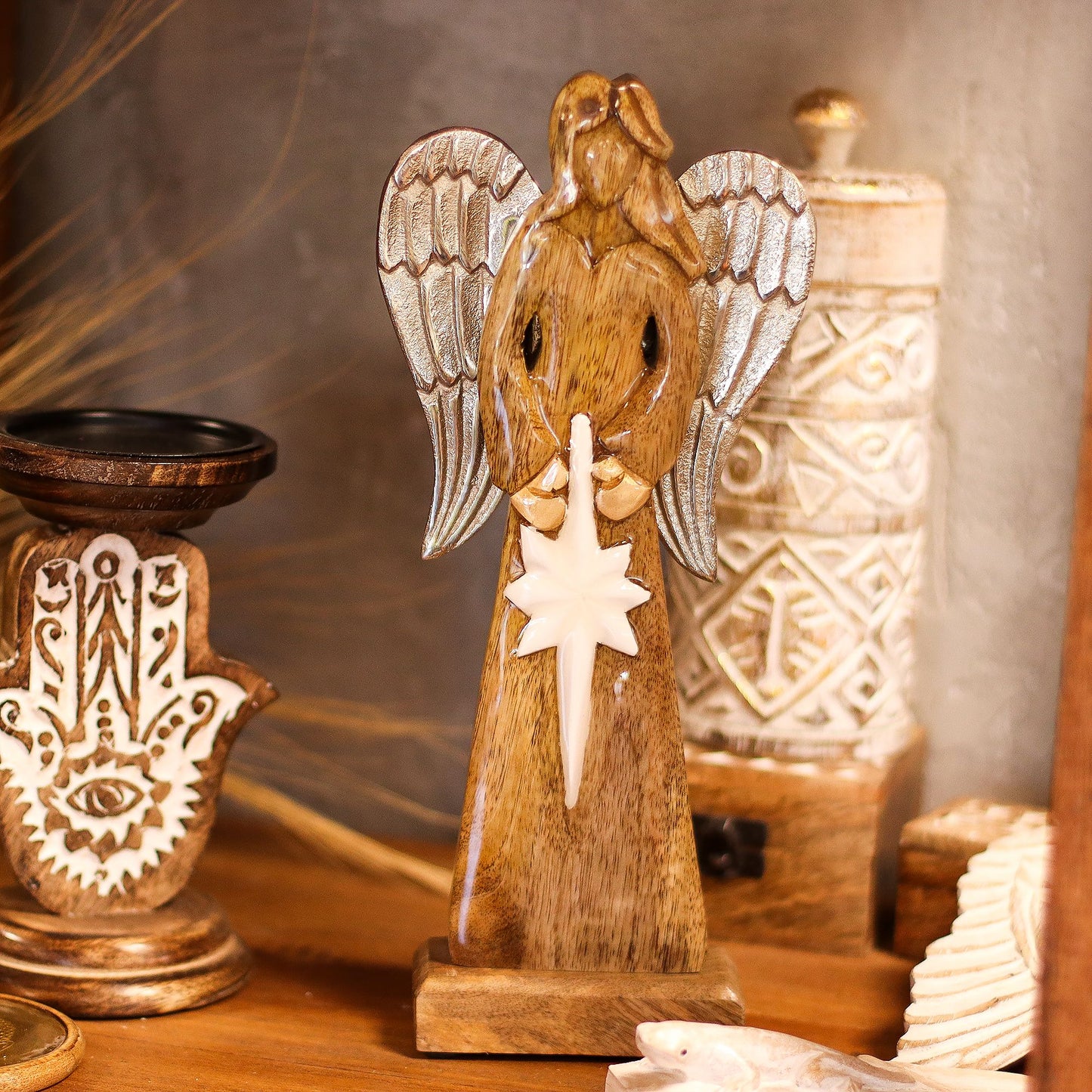Large Mango Wood Peace Angel – Metal Wings & Enamel Detail