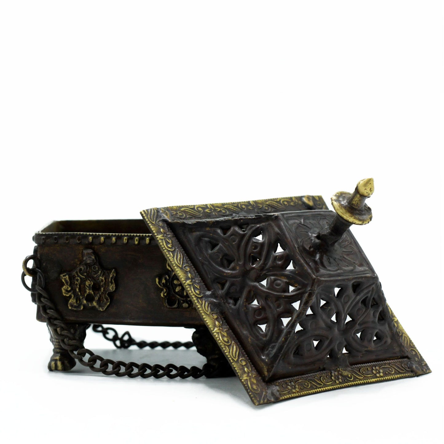 Brass Tibetan Hanging Incense Burner – Eight Symbols Square Pot