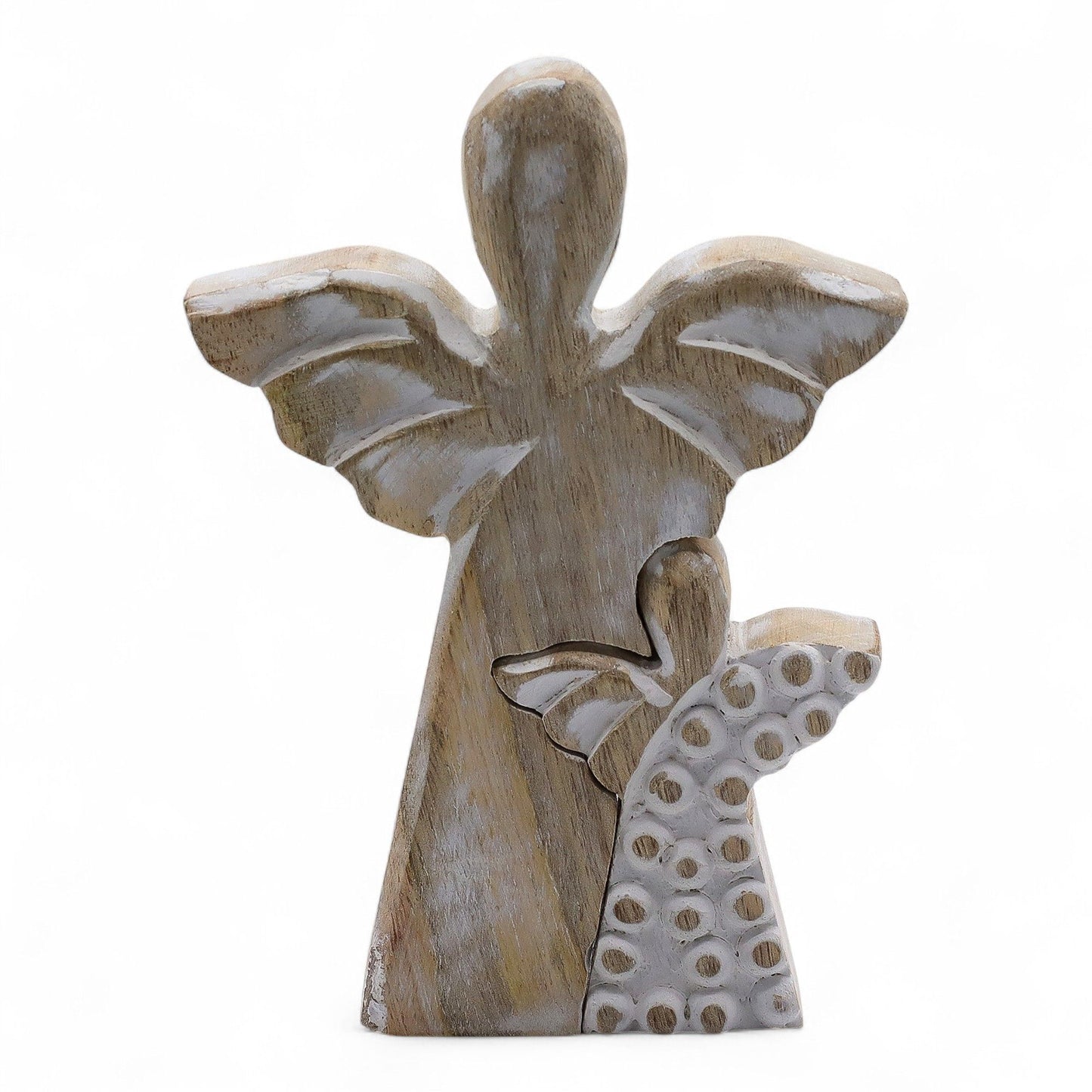 From the heavenly artisans of thewitchesgarden, this Mango Wood Angel in Angel figurine embodies the sacred embrace of love, guidance, and protection. Hand-carved from natural mango wood, the larger angel shelters the smaller within its wings — a tender symbol of care that speaks to the bonds of family, friendship, and spiritual connection.
Finished in a soft whitewash, each piece carries the gentle warmth of natural grain and the rustic grace of handcrafted artistry. Made in India, this double-angel desig