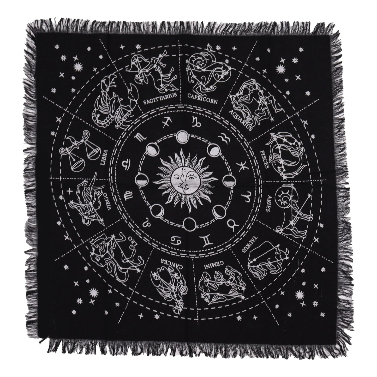 “Stars guide the spirit, and cloth weaves their message.”
This Fringed Horoscope Altar Cloth is crafted from pure cotton and measures 50cm x 50cm, the perfect size for altar work, tarot readings, or spell casting. Its fringed edges echo the unraveling threads of destiny, reminding us that the fabric of the cosmos is always shifting and reweaving itself.
In witchcraft and folklore, the zodiac has long been used as a celestial map, helping practitioners align spells, divination, and rituals with the cycles