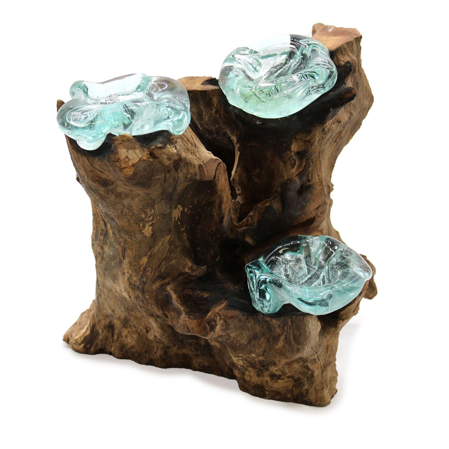 Molten Glass Triple Candle Holder on Wood – Handmade Eco Decor