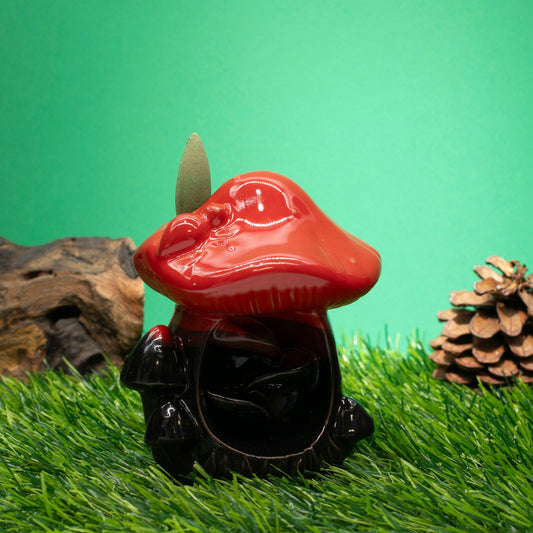 Large red mushroom backflow incense burner with woodland design. Creates cascading waterfall smoke effect with backflow cones.