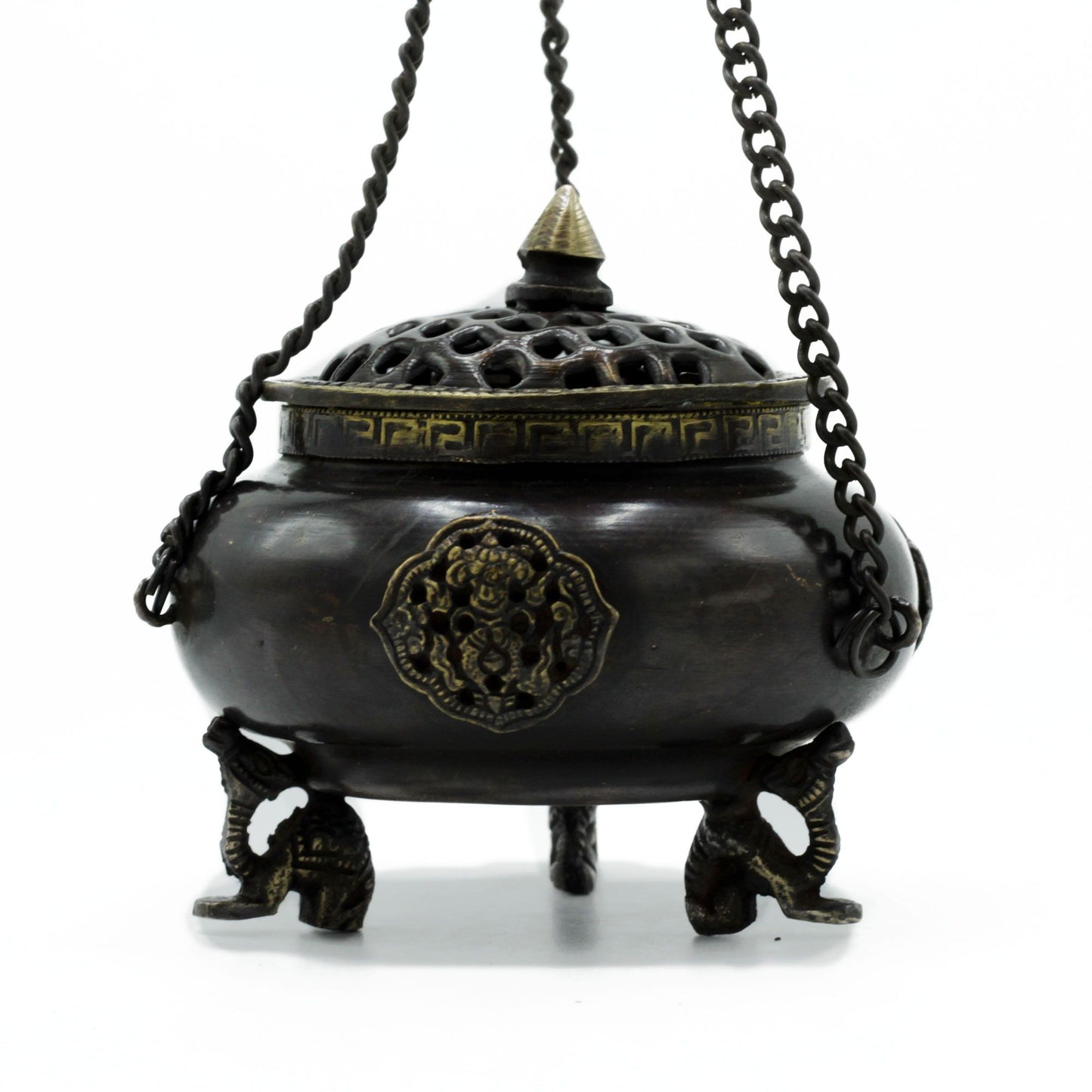 Large Brass Tibetan Hanging Incense Burner – Four Celestial Symbols