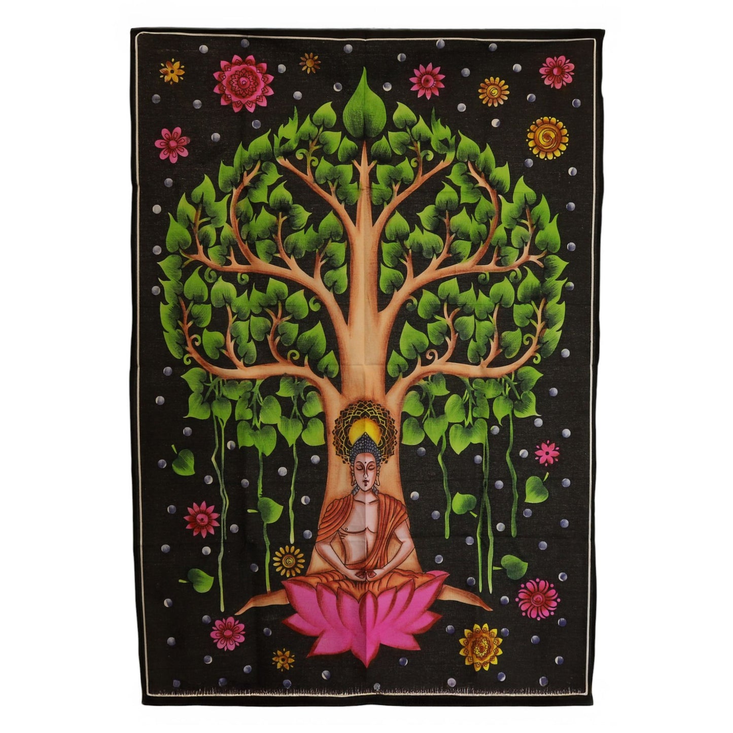 Bring a serene, grounding presence into your sacred space with this Buddha Bodhi Tree Cotton Wall Art, a peaceful tapestry depicting the Buddha seated beneath the sacred Bodhi tree. Rich greens, warm tones, and gentle pink accents blend together to create an atmosphere of harmony, reflection, and quiet spiritual strength.
Handmade in India and sized at 70 x 110 cm, this lightweight cotton hanging is easy to place anywhere you wish to invite calm—meditation rooms, yoga spaces, bedrooms, altar corners, or an
