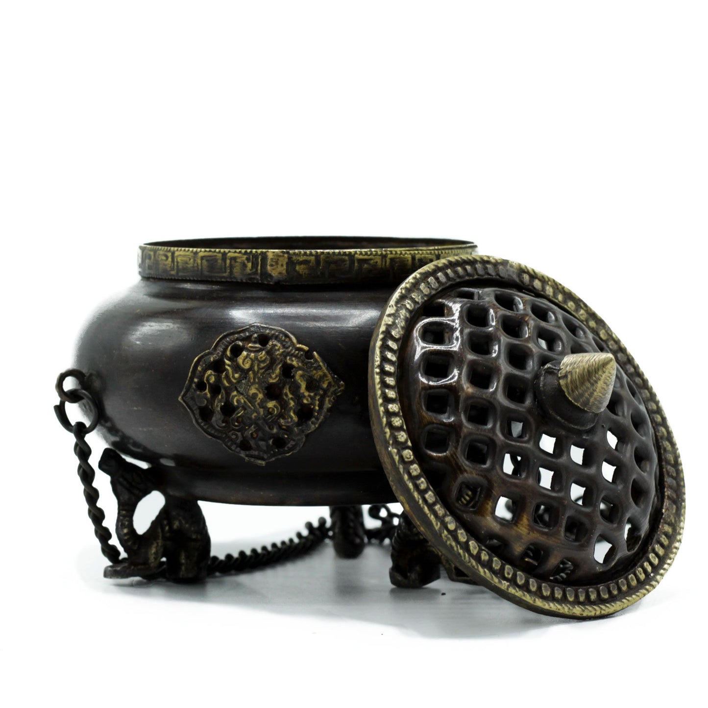 Large Brass Tibetan Hanging Incense Burner – Four Celestial Symbols