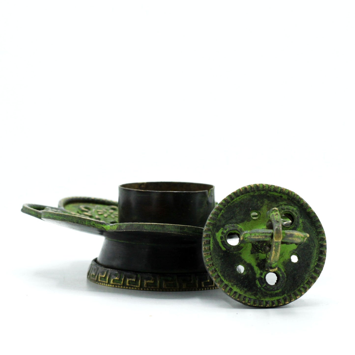 Brass Verdigris Tibetan Cone & Incense Holder – Eight Symbols