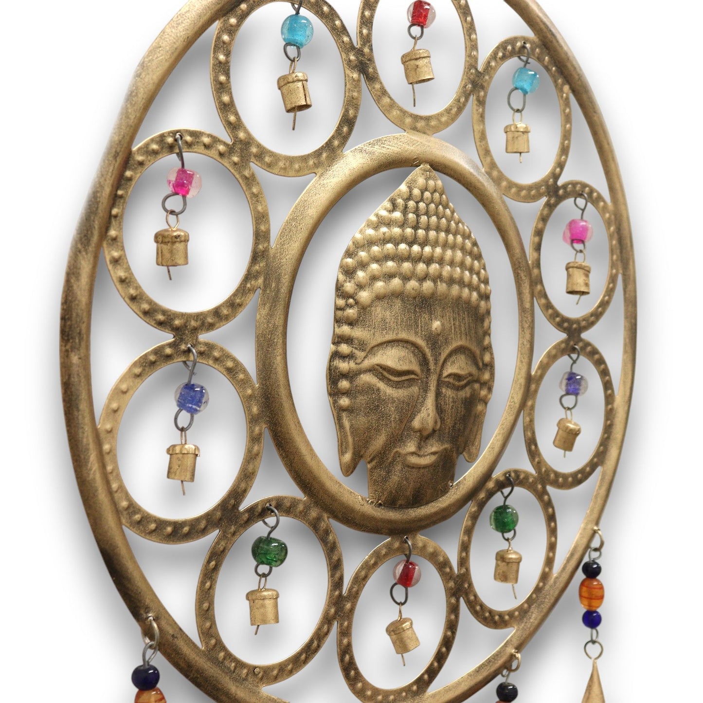 Indian Chimes – Large Brass Buddha Face with 15 Bells (36cm)
