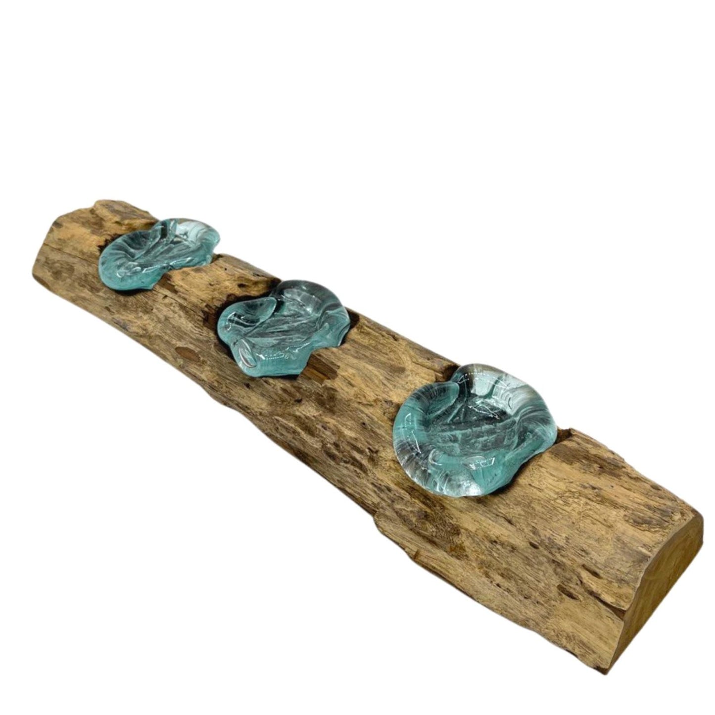 Molten Glass Flat Triple Candle Holder on Wood – Handmade Eco Decor