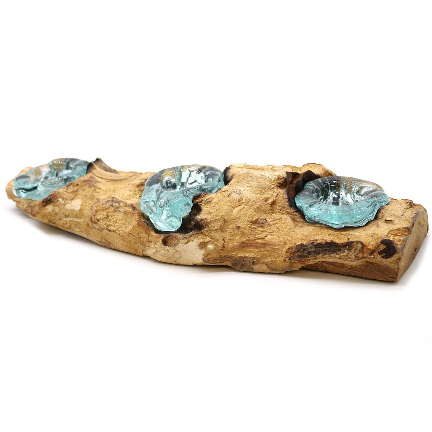 Molten Glass Flat Triple Candle Holder on Wood – Handmade Eco Decor