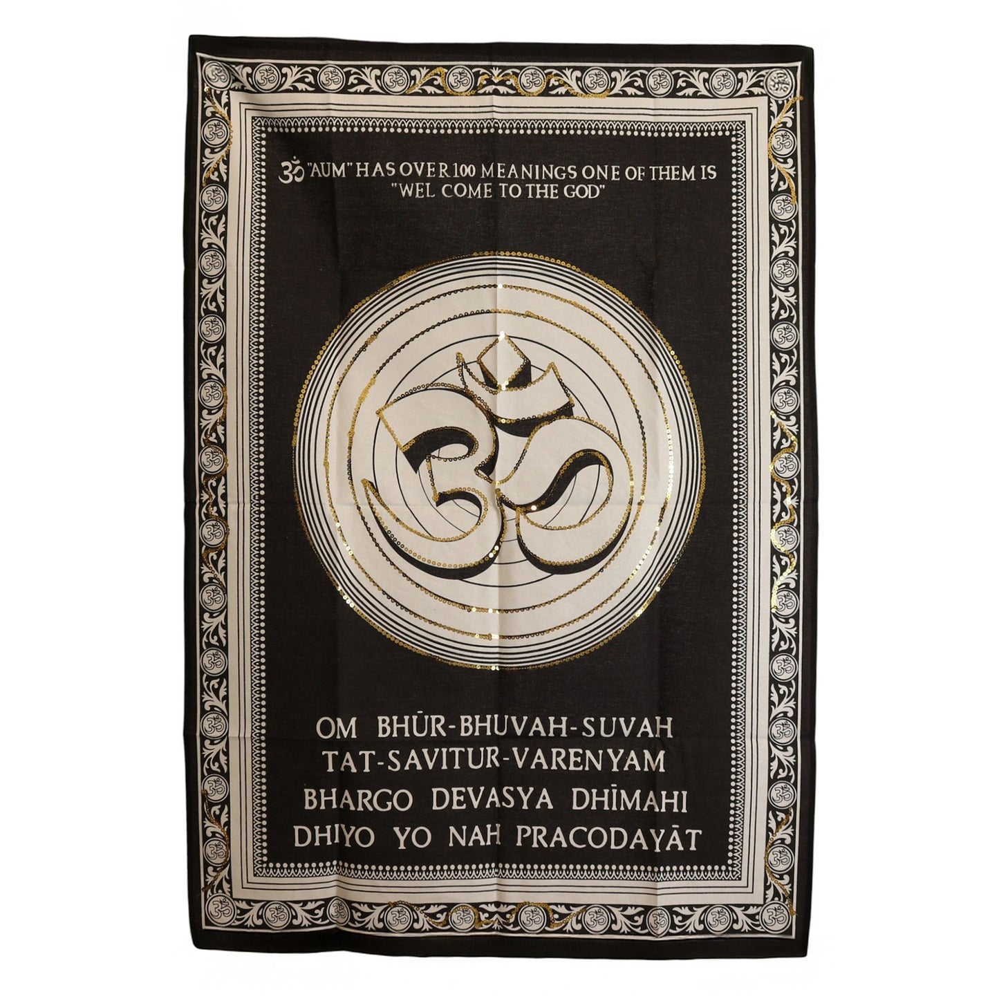 Invite divine presence and spiritual harmony into your home with this Om – Welcome to the God Cotton Wall Art, a beautifully crafted tapestry honouring the sacred sound Om, the primordial vibration of the universe. Featuring traditional artwork and rich symbolic detailing, it radiates peace, reverence, and timeless spiritual energy.
Handmade in India and sized at 70 x 110 cm, this lightweight cotton hanging is easy to display, making it perfect for meditation rooms, yoga studios, altar spaces, prayer corne