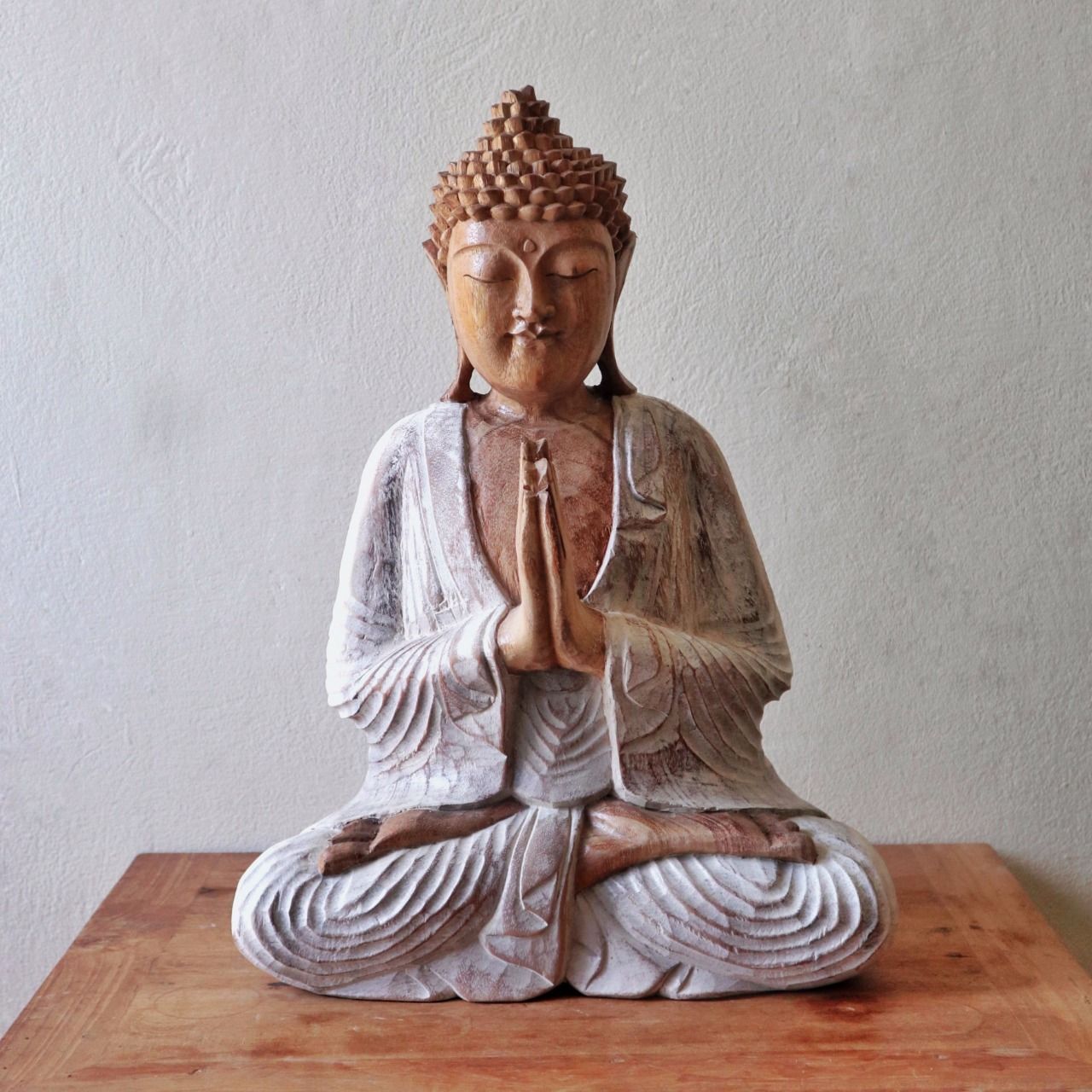 Buddha Statue Whitewash – 30cm Welcome Mudra Carved Wood | Symbol of Compassion & Generosity