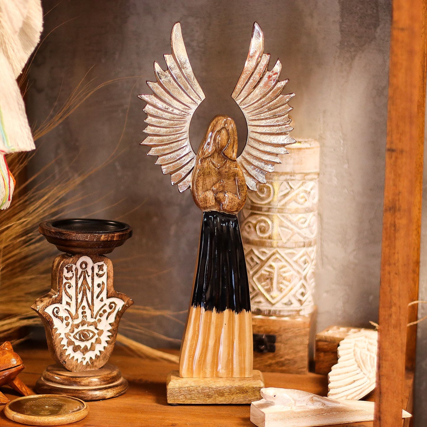Large Mango Wood Guardian Angel – Metal Wings & Enamel Detail