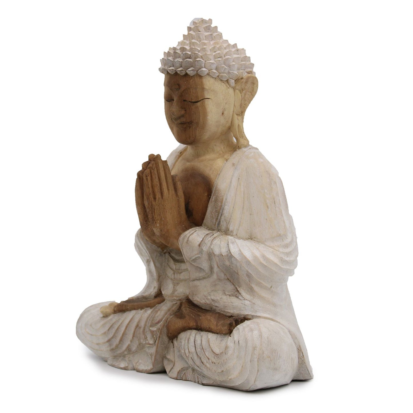 Buddha Statue Whitewash – 30cm Welcome Mudra Carved Wood | Symbol of Compassion & Generosity