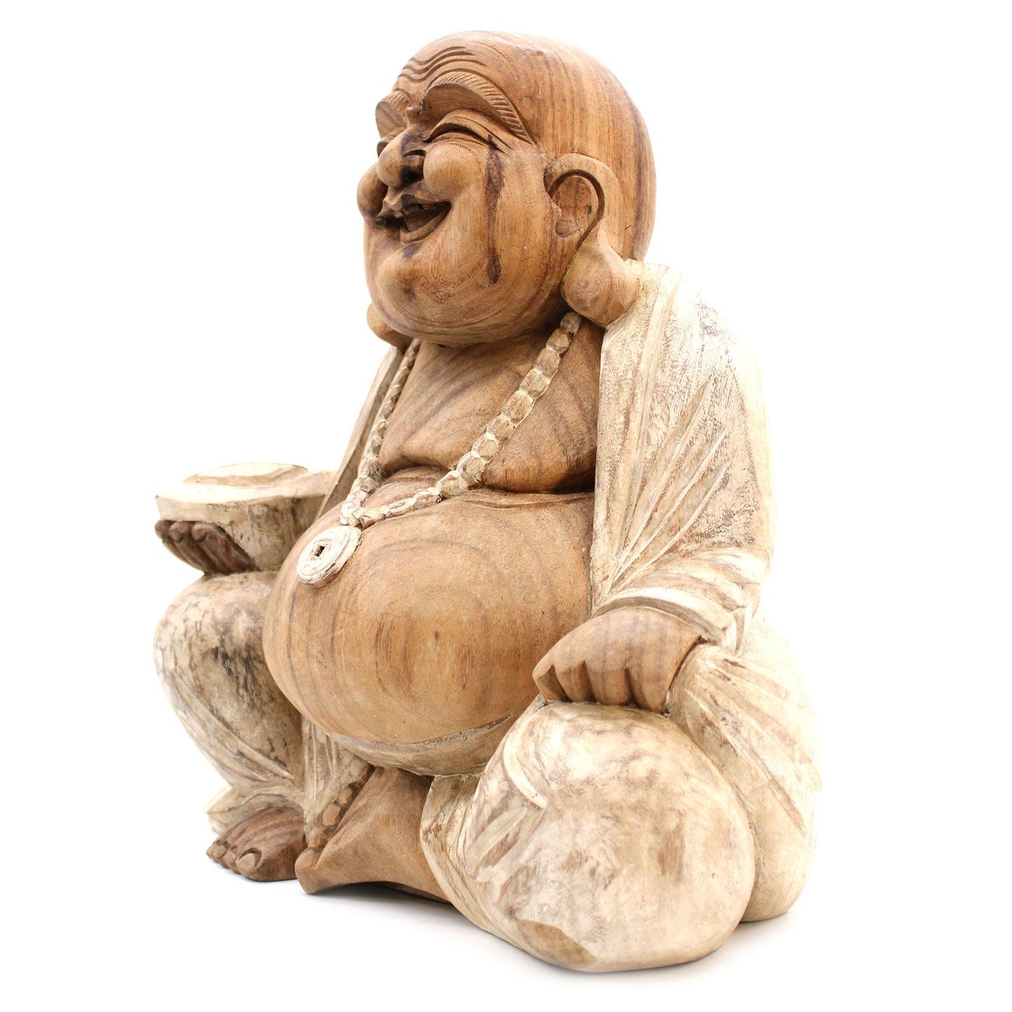 Happy Buddha Statue – 40cm Whitewash Carved Wood | Symbol of Joy, Prosperity & Good Fortune