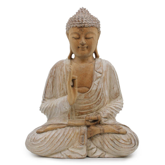 Buddha Statue Whitewash – 40cm Teaching Transmission Mudra | Carved Wood Symbol of Wisdom & Dharma