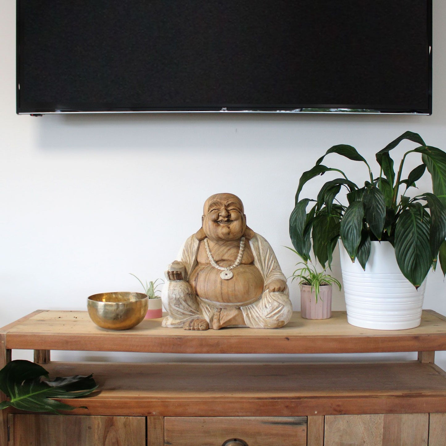 Happy Buddha Statue – 40cm Whitewash Carved Wood | Symbol of Joy, Prosperity & Good Fortune
