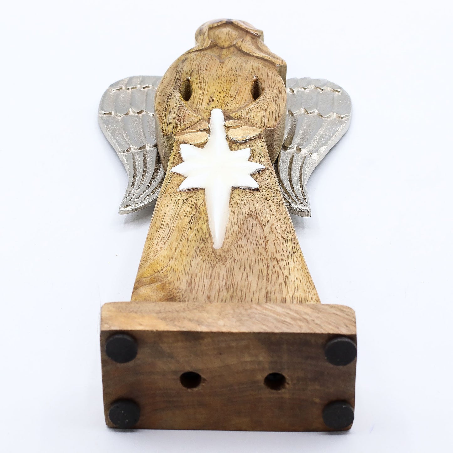Large Mango Wood Peace Angel – Metal Wings & Enamel Detail