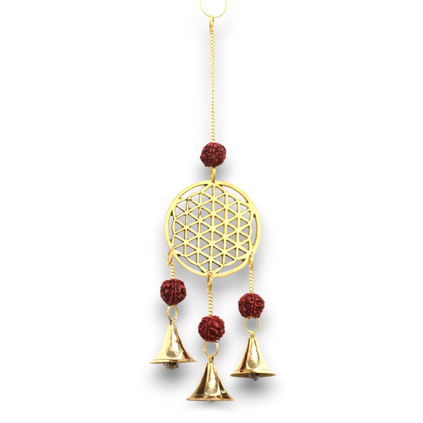 Enhance your sacred space with these Indian Chimes featuring a beautifully crafted Brass Flower of Life design, a revered symbol of creation, unity, and spiritual harmony. Natural Rudraksha beads — traditionally used for meditation, grounding, and protection — are carefully integrated into the piece, adding both authenticity and energetic significance.
Three polished brass bells hang below, producing soft, serene tones that encourage relaxation and mindful focus. Ideal for meditation rooms, yoga studios, p