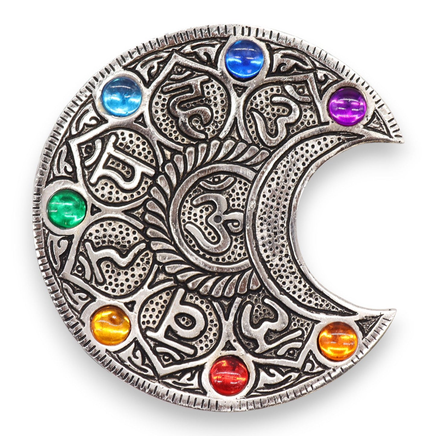 Measuring 11.5 cm, this enchanting incense holder is crafted to fit standard incense sticks, making it a must-have for your sacred meditation or relaxation altar. Its mesmerizing moon motif is illuminated by the vivid hues of the seven chakras, blending function with mystical beauty. Each chakra’s vibrant color embodies spiritual energy and balance, inviting harmony and deeper mindfulness into your ritual space. Perfect for those who walk the path of inner awakening and spiritual connection.