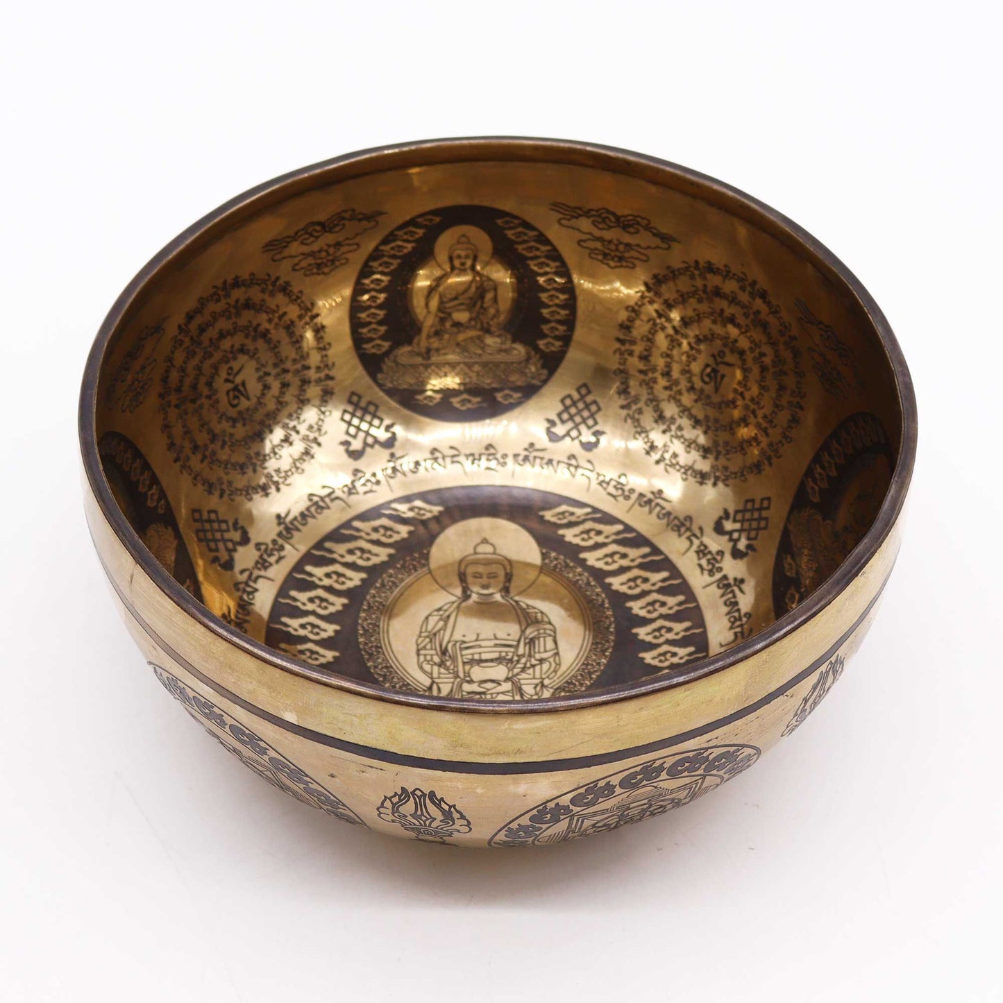 Tibetan Healing Engraved Singing Bowl – 21cm – Five Buddhas Design
